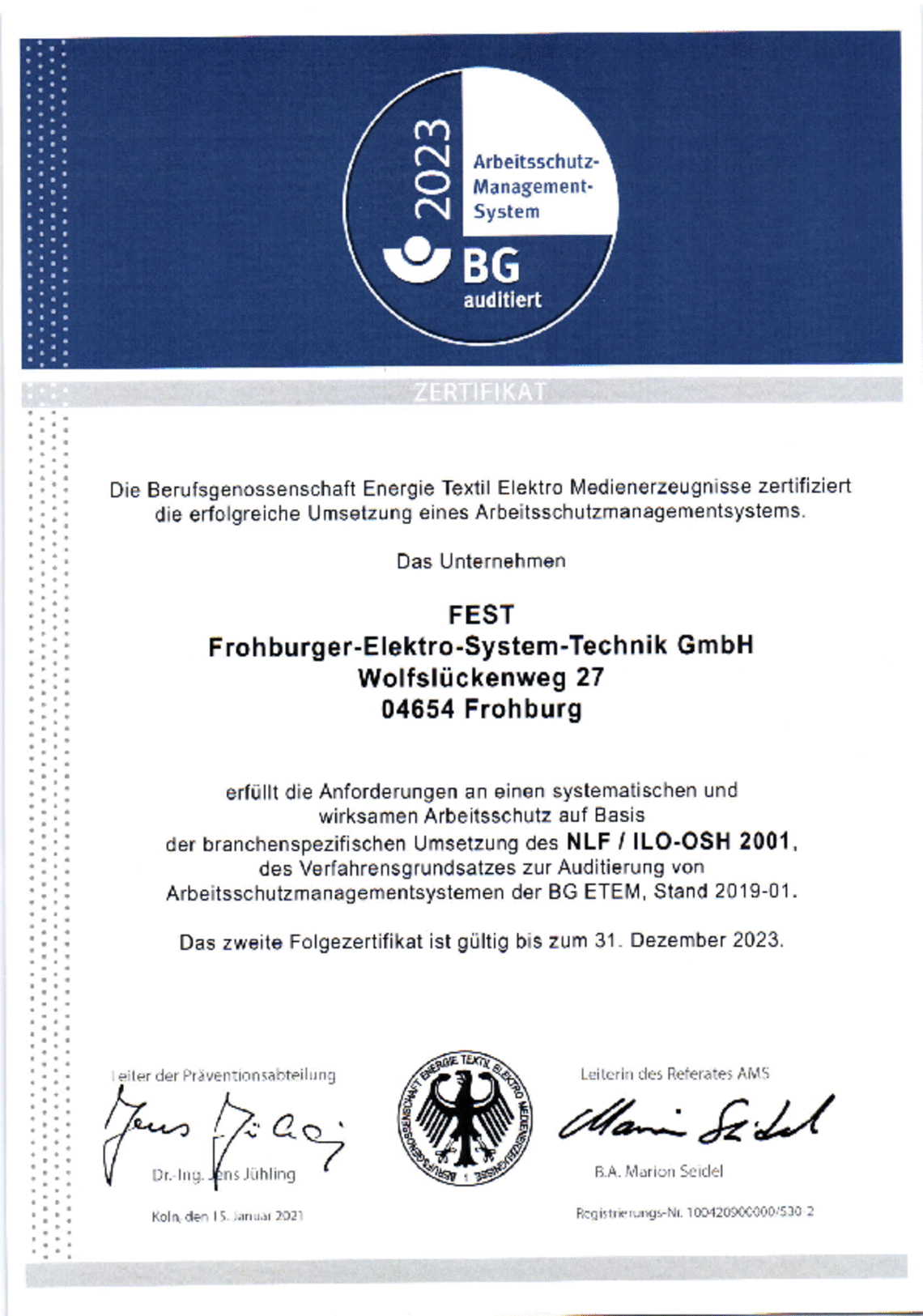 Arbeitsschutzmanagement OHSAS 18001, 31.12.2023