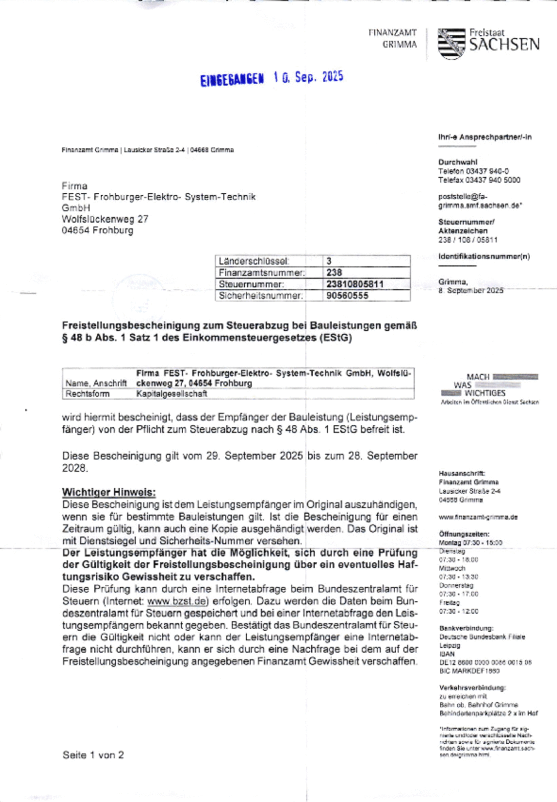 Freistellungsbescheinigung Steuerabzug bei Bauleistungen 09/2028
