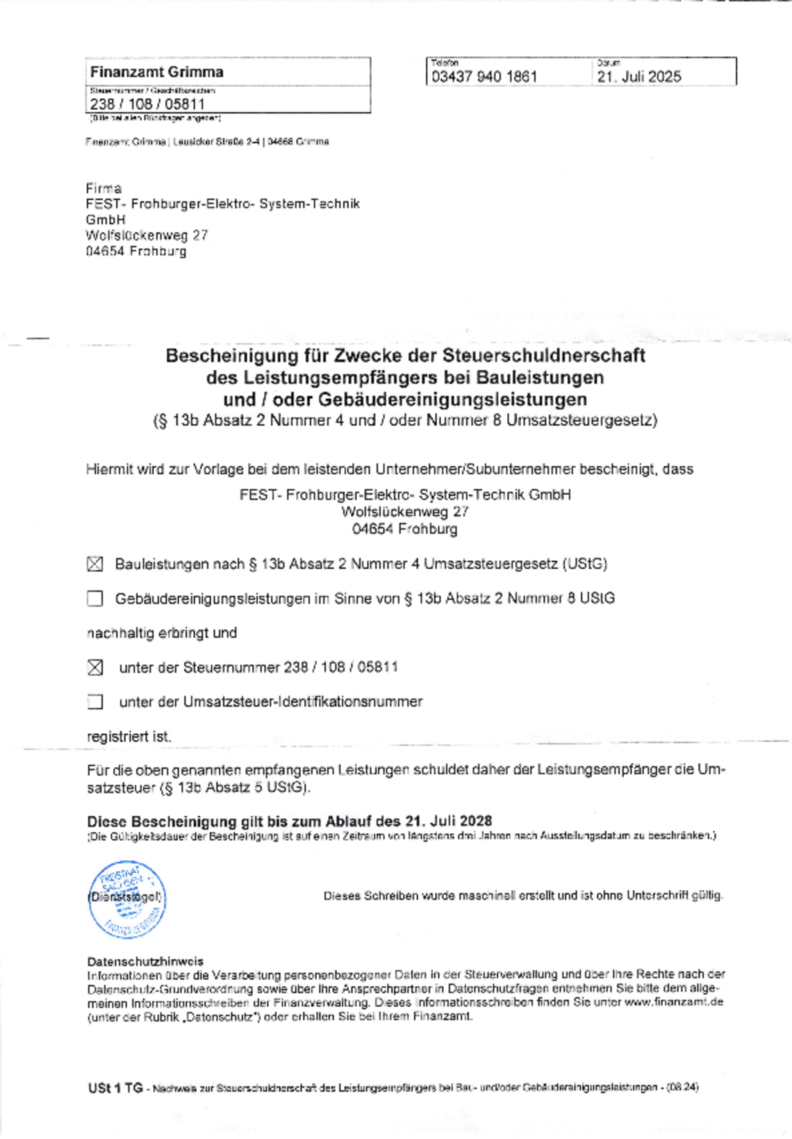 FA-Nachweis Steuerschuldnerschaft, 21.07.2028