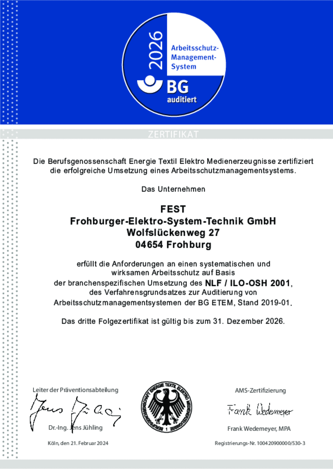 Arbeitsschutzmanagement OHSAS 18001, 31.12.2026